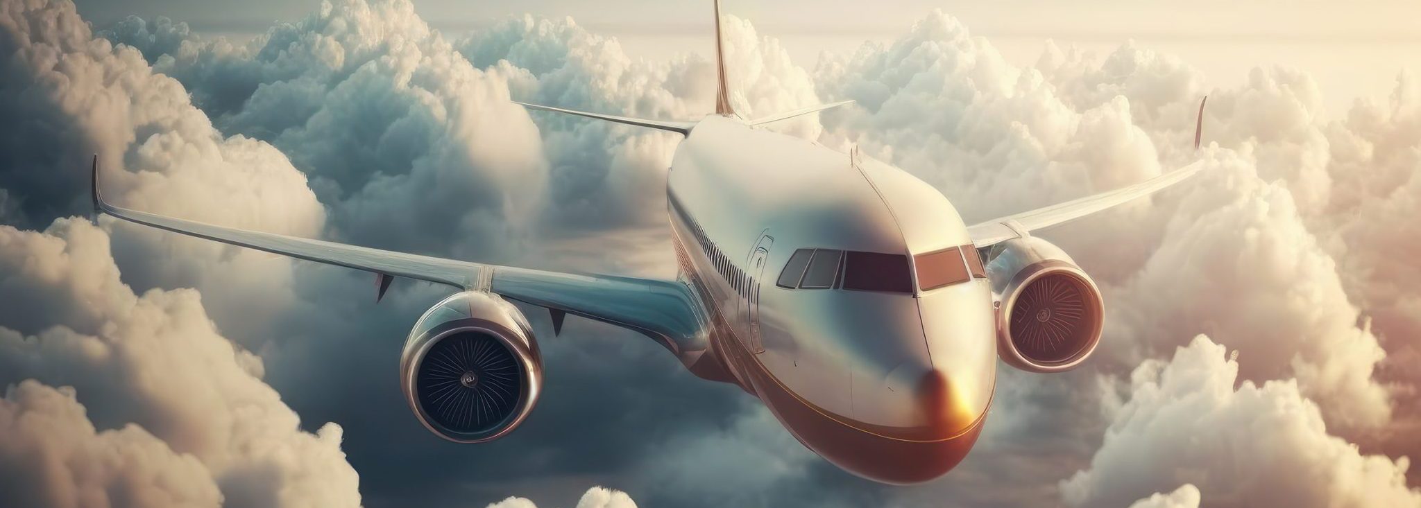 Commercial airplane flying above clouds.
